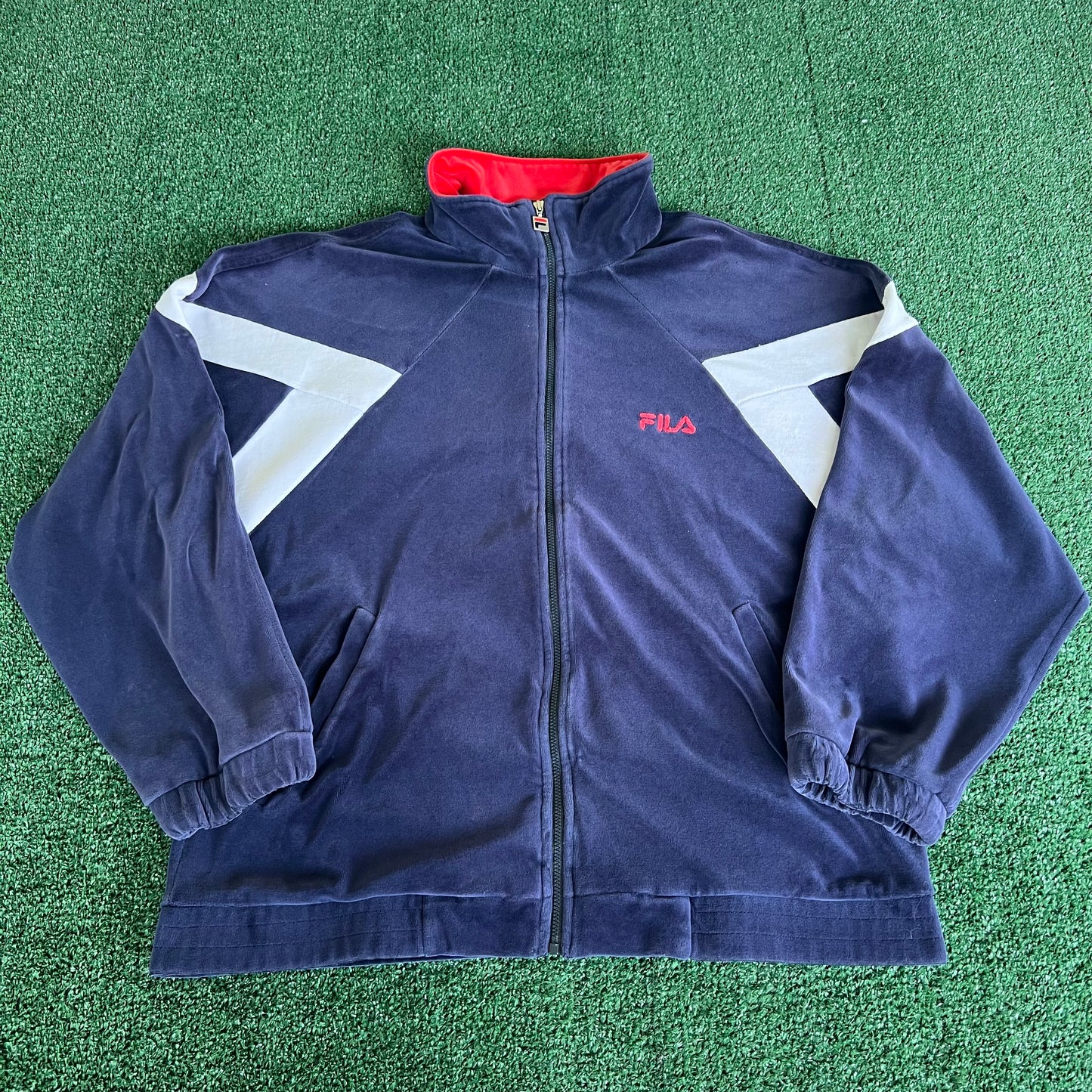 90s Fila Velour Track Suit Jacket & Pants Red Navy Blue XL - 36x25.5" USA