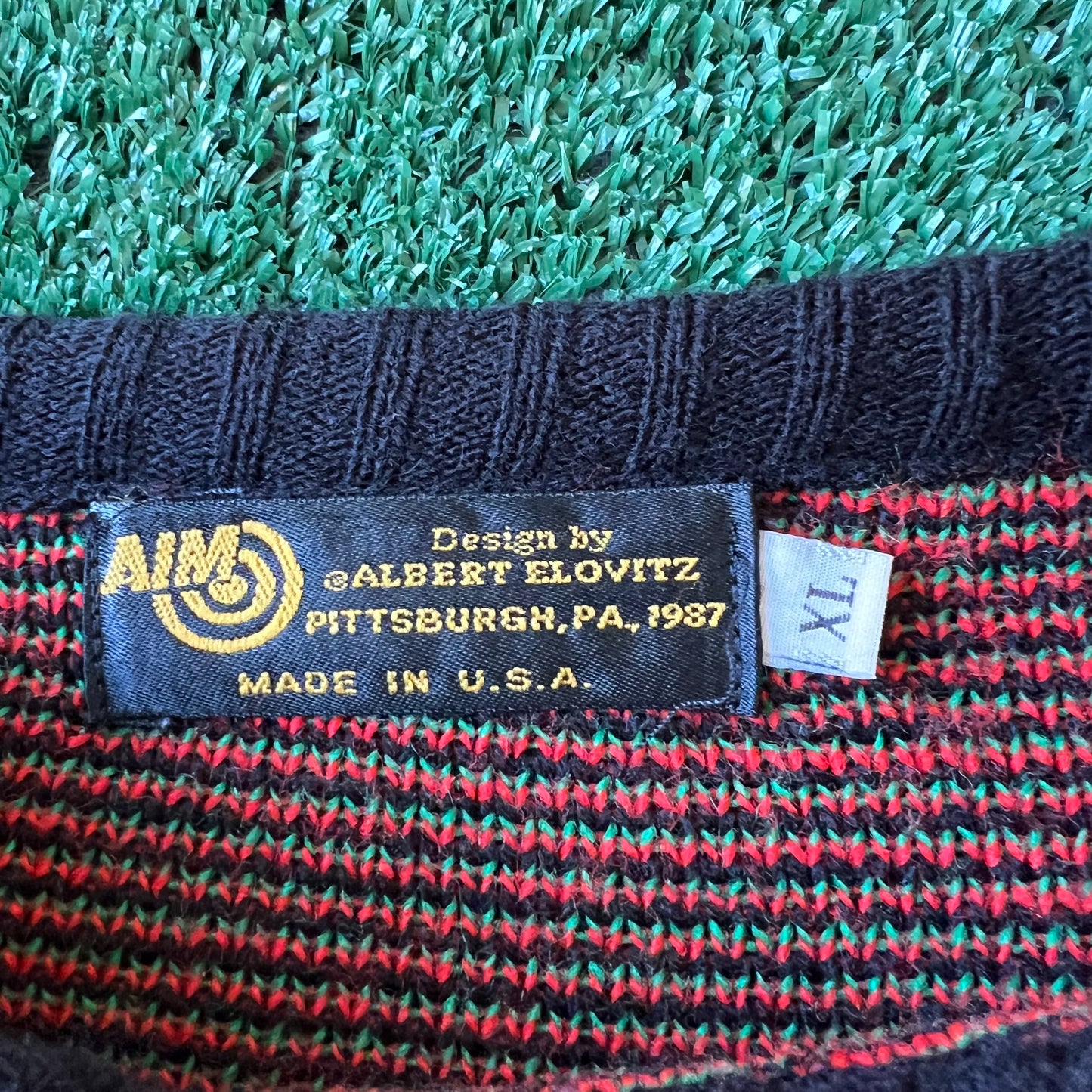 80s Albert Elovitz AOP All Over Knit Acrylic Piano Key Music Note Sweater - XL