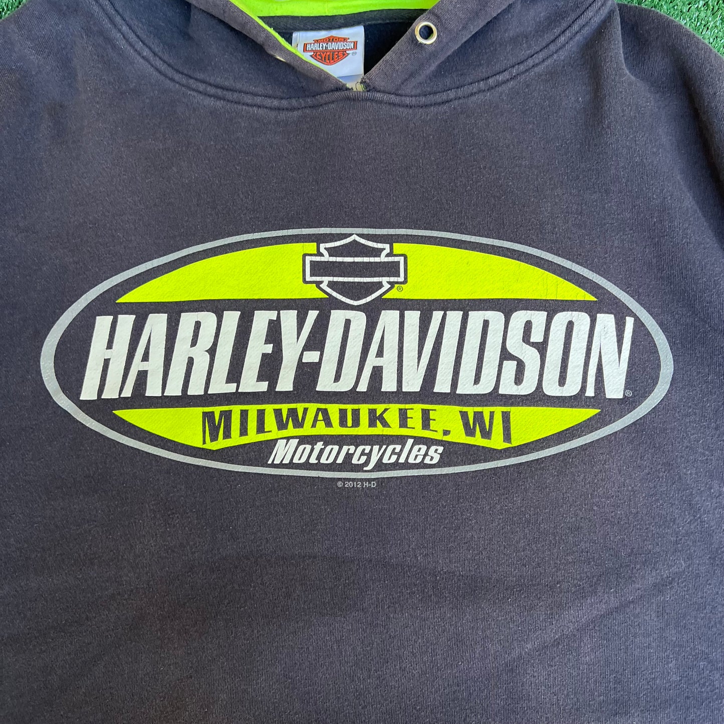 Men's Harley Davidson Heavyweight Faded Navy Navy Blue Neon Green Bay Hoodie - XL