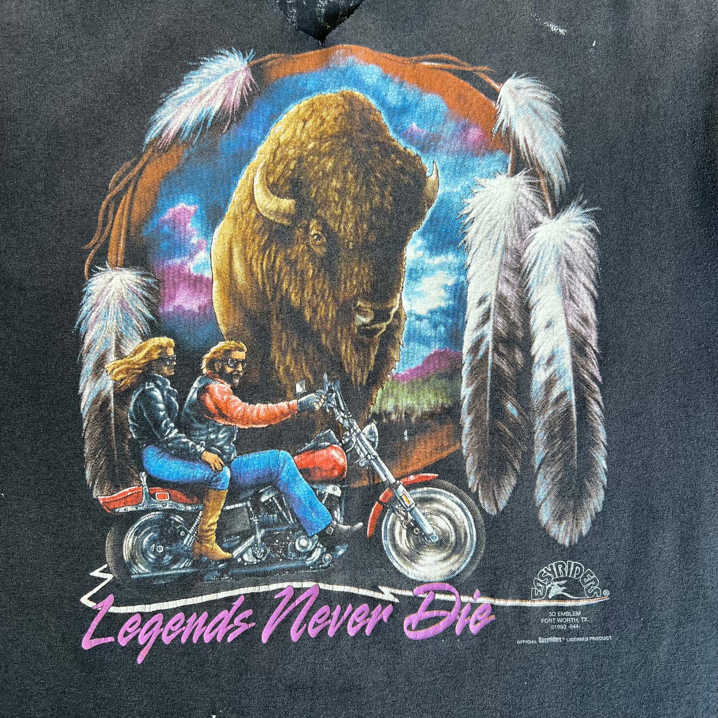 90s 3D Emblem Easy Riders Legends Never Die Chopped Faded Black T-Shirt - XL