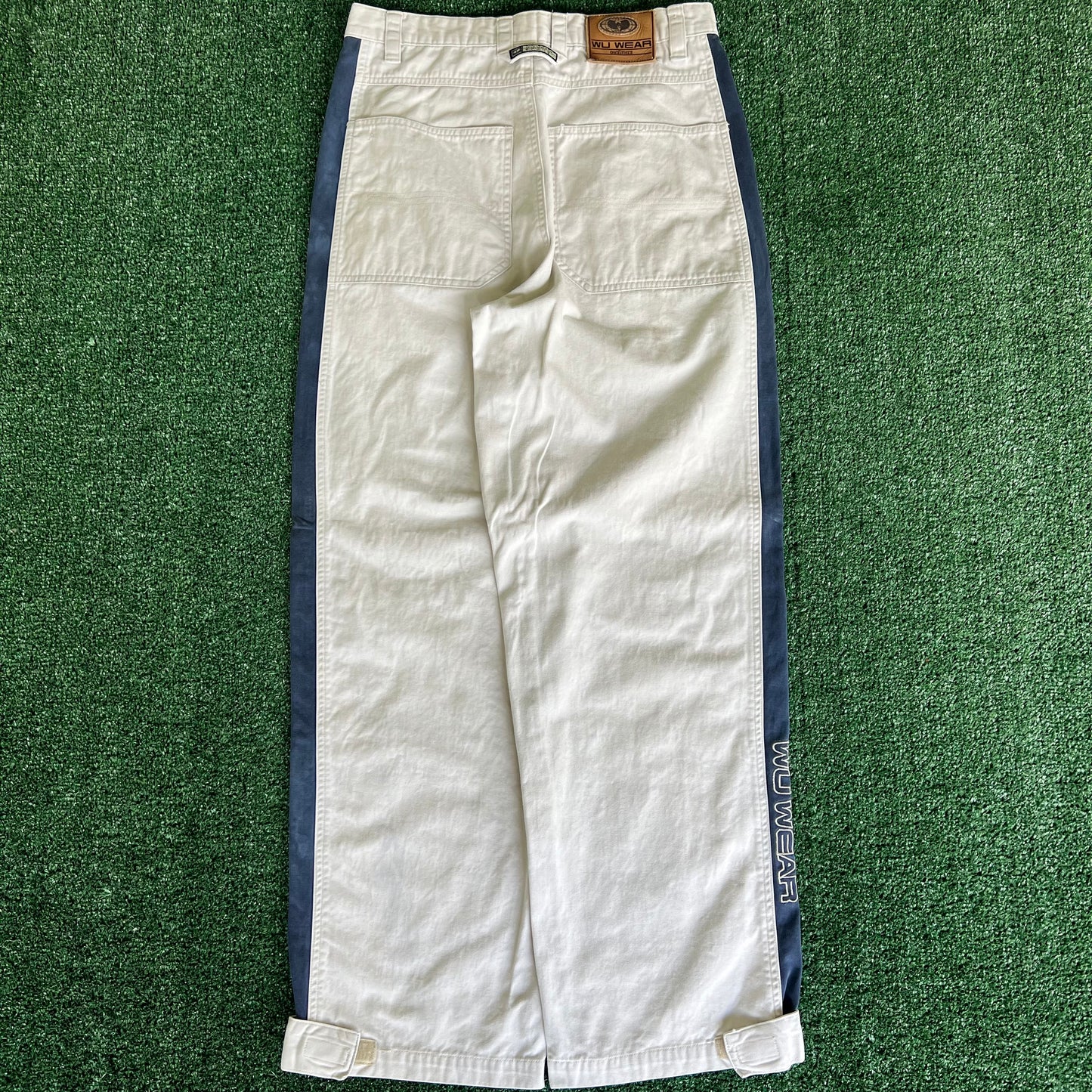 Y2K Wu Wear Distressed Baggy Light Khaki Faded Navy Striped Pants - 31x30.5" 20" Openings
