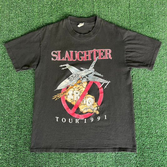 1991 Slaughter Hard Rock Band Iraq War Propoganda Faded Black T-Shirt - Medium
