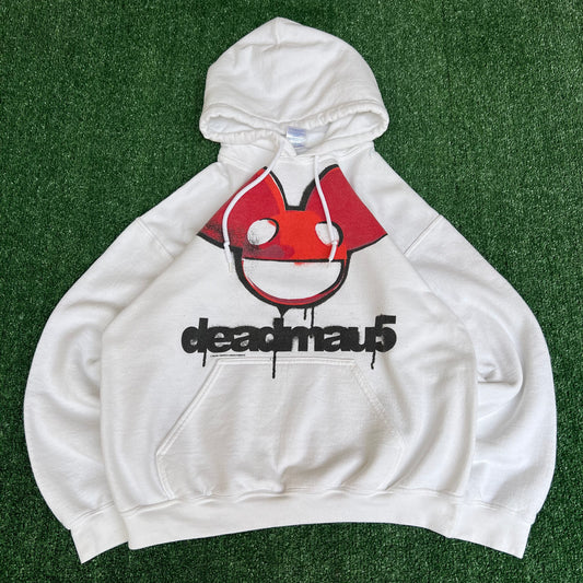 Vintage Y2K Men's 2010 Deadmau5 Mouse Logo EDM Music White Hoodie - Large 23x25"