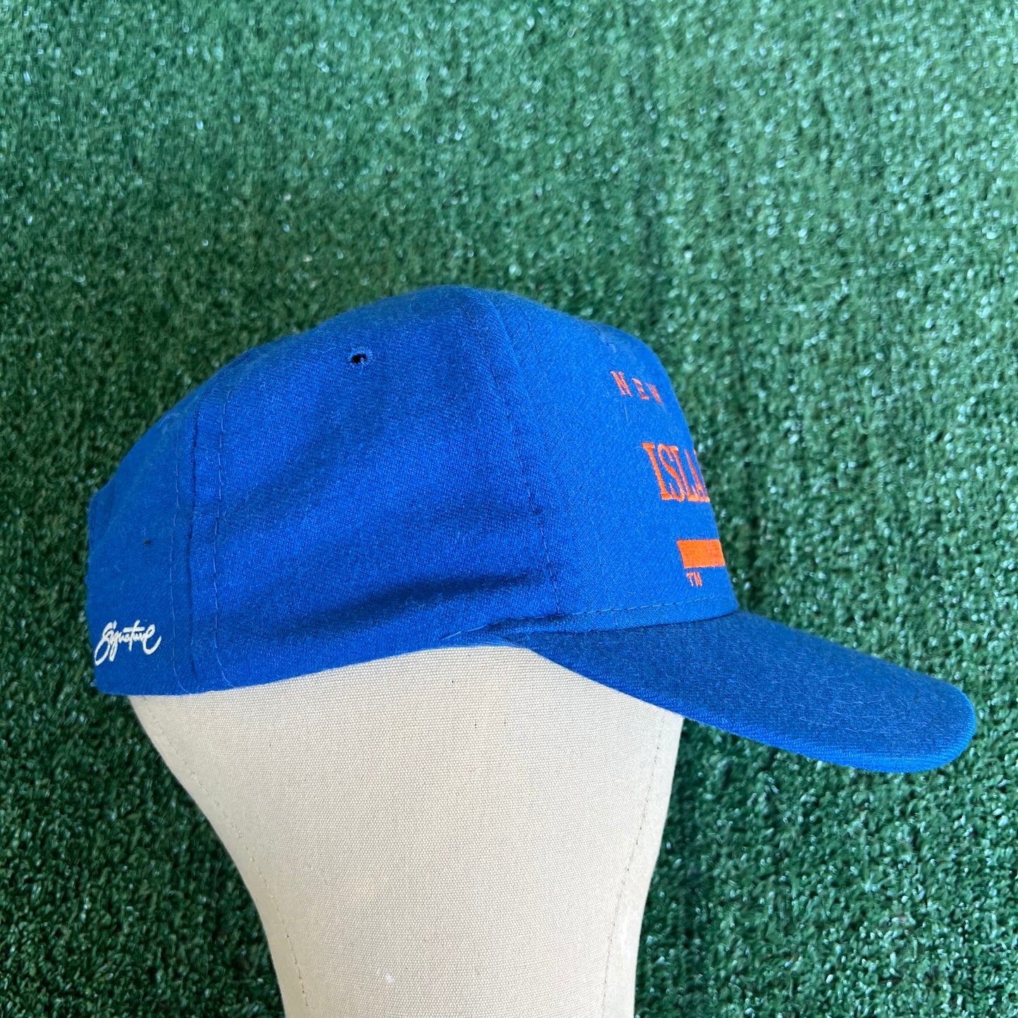 90s AJD NHL New York Islanders Script Spellout Blue Wool Snapback Hat