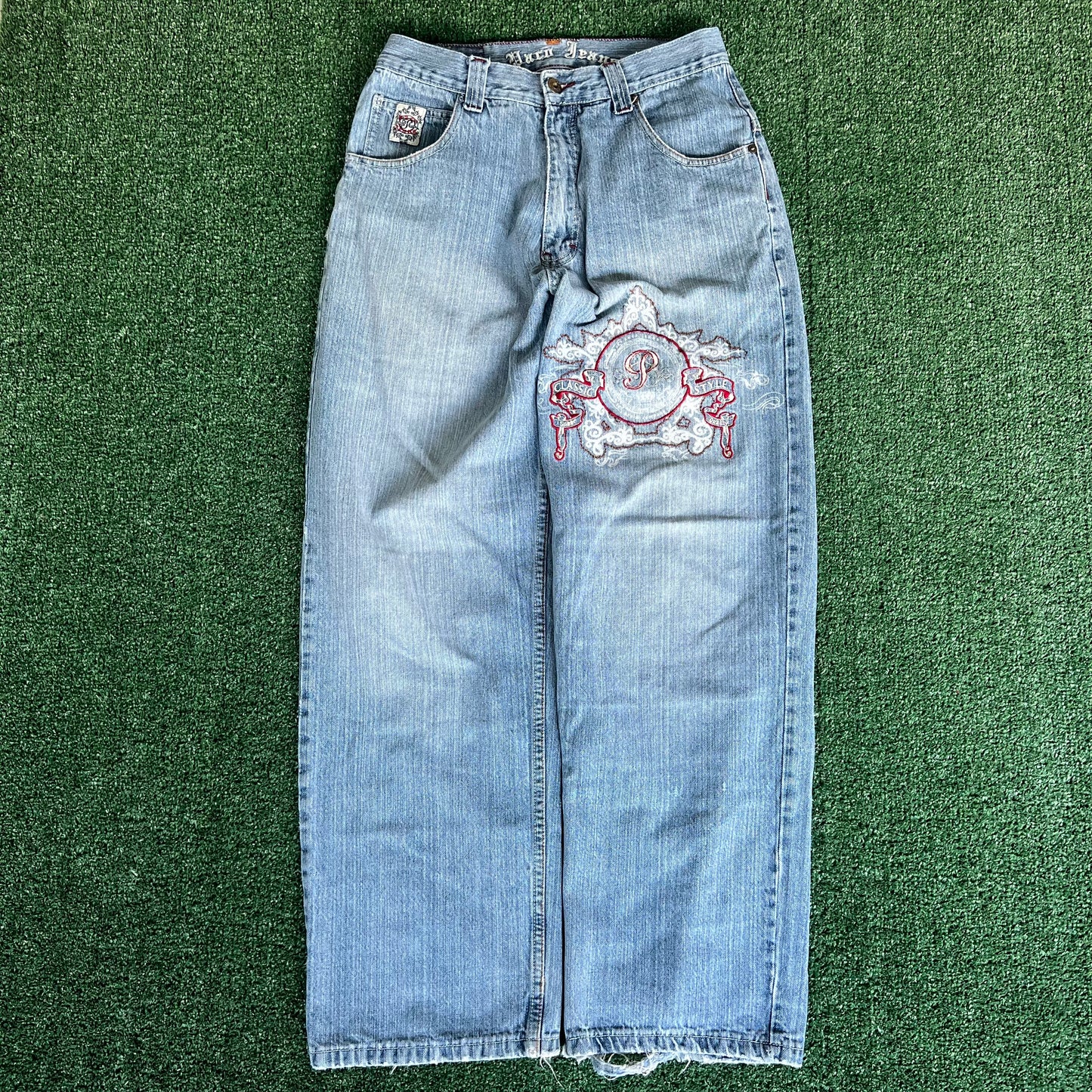 Y2K PACO Jeans Blue Tribal Embroidered Baggy Jeans 30x29.5" 19" Openings