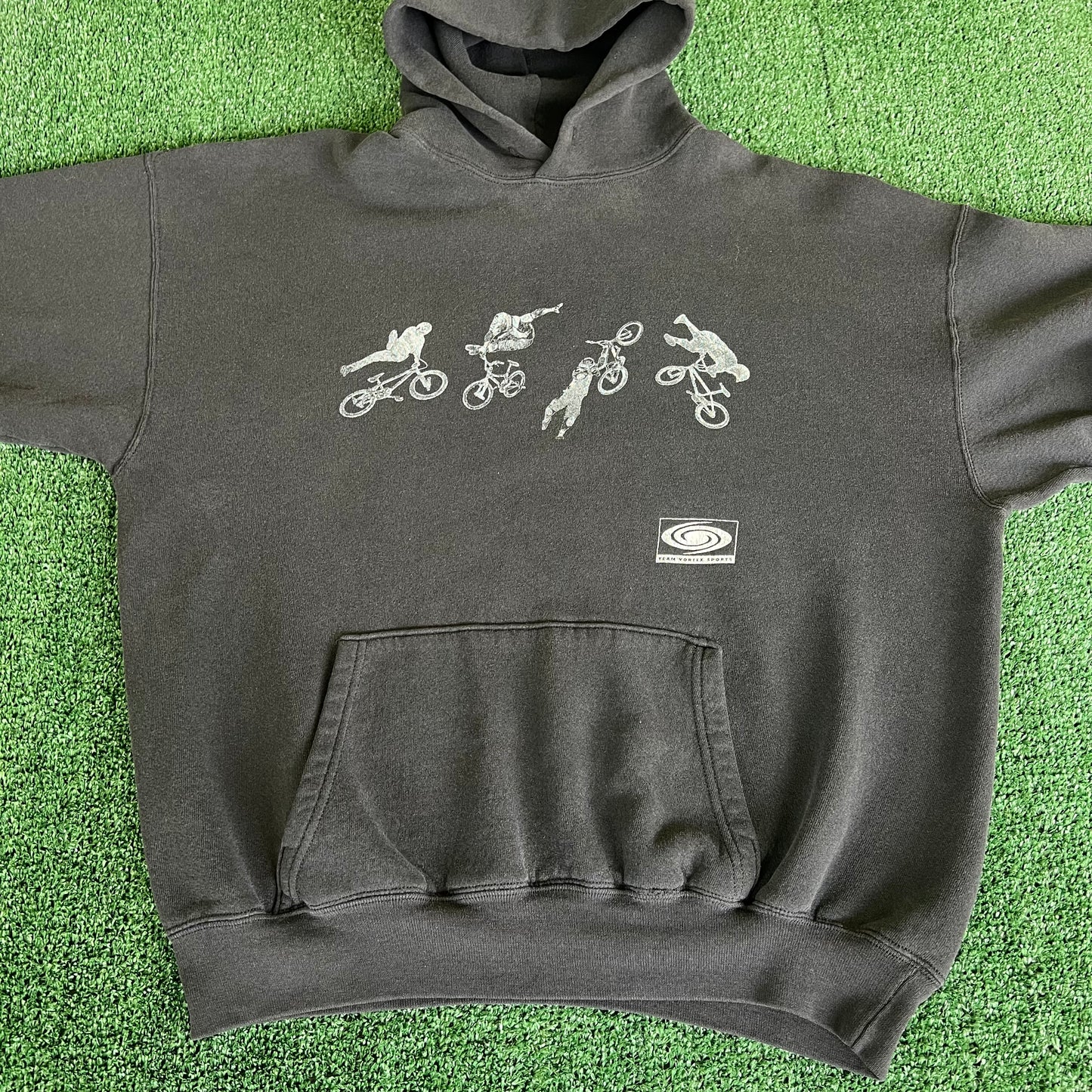 90s BMX Motorcross Team Vortex Sports Faded Black Boxy Hoodie - Large