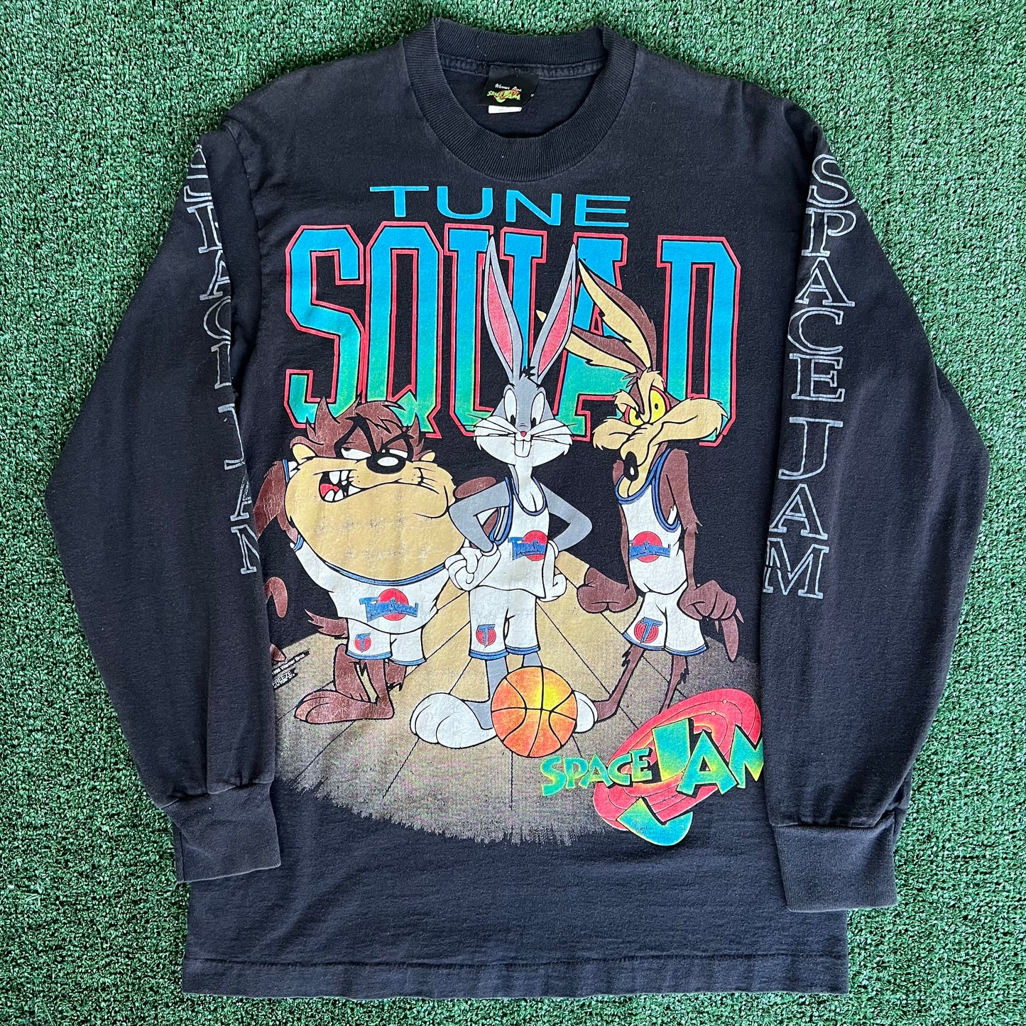 1996 Space Jam Movie Promo Tune Squad Faded Black Long Sleeve T-Shirt - Medium