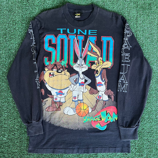 1996 Space Jam Movie Promo Tune Squad Faded Black Long Sleeve T-Shirt - Medium