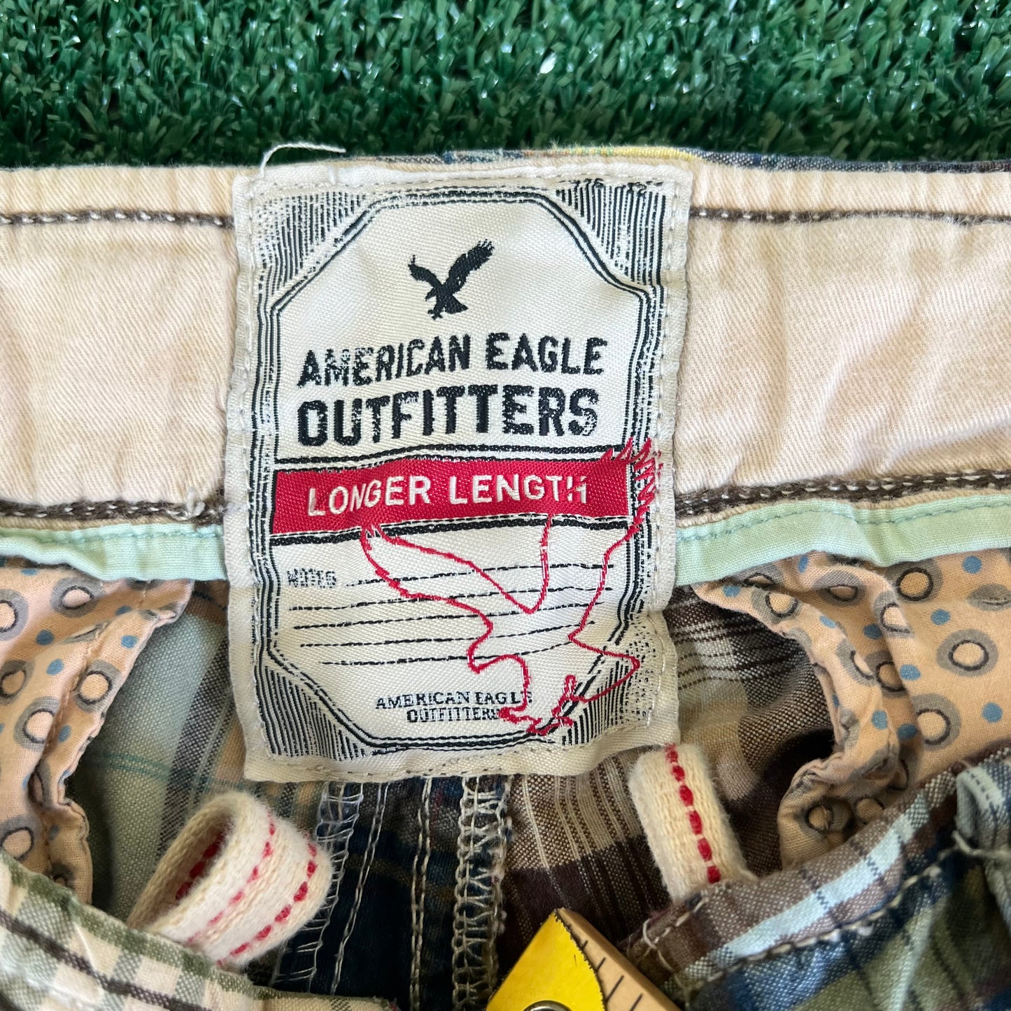 Y2K American Eagle Plaid Patchwork Baggy Cargo Shorts - 36x12"