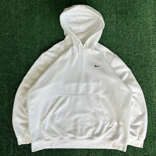 Y2K Nike Essential Side Swoosh Boxy Hoodie White Black - XL 26.5x28.75"