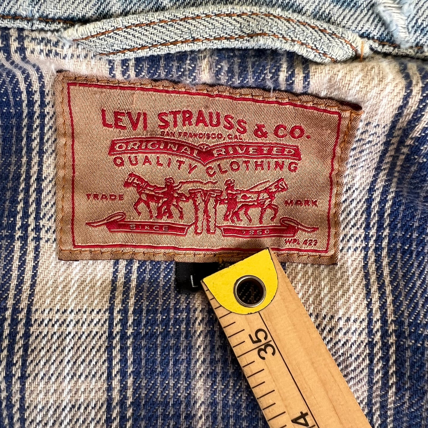 90s Levi's Type 3 Jean Trucker Jacket Plaid Lined Blue Light Wash 70699-0289 - Large