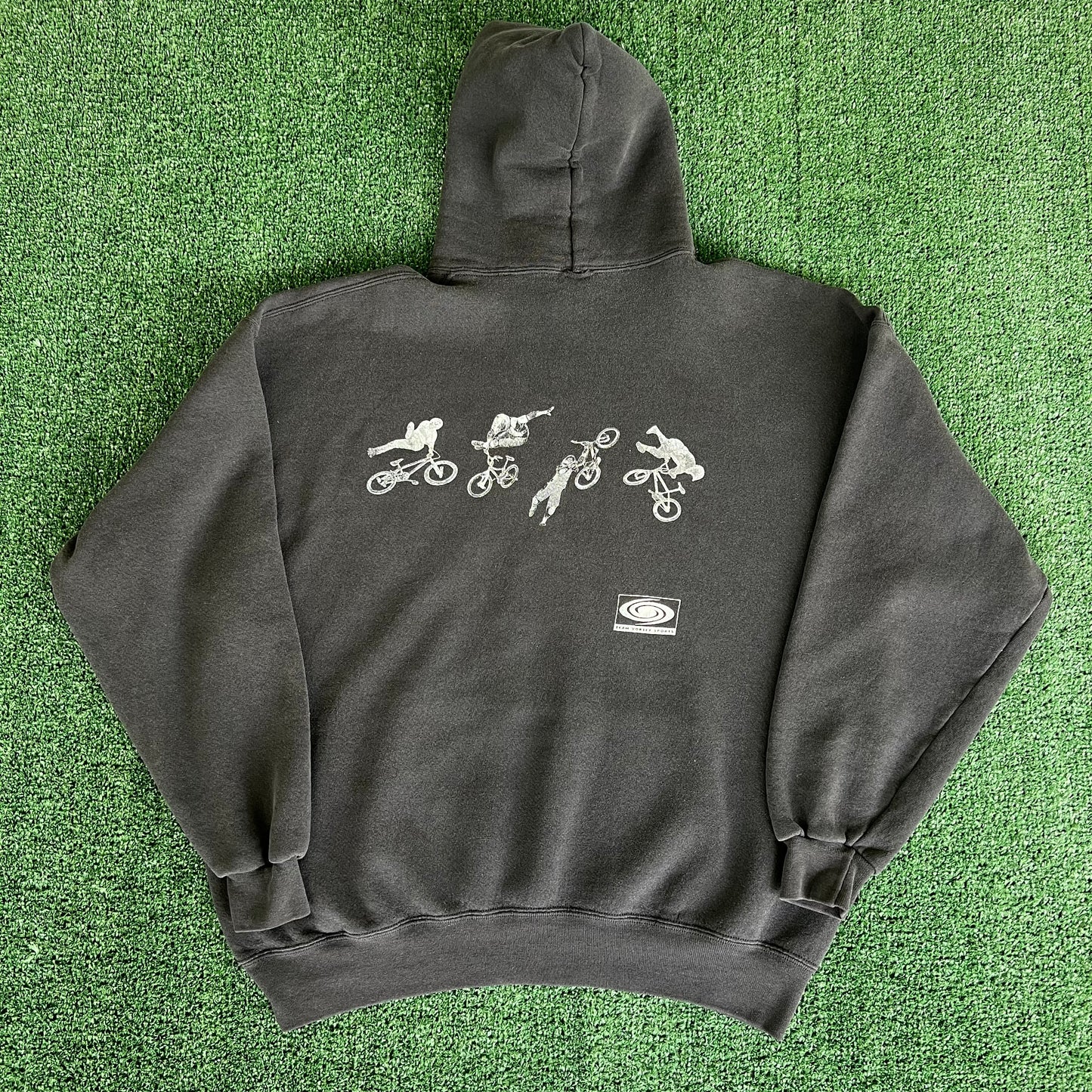 90s BMX Motorcross Team Vortex Sports Faded Black Boxy Hoodie - Large