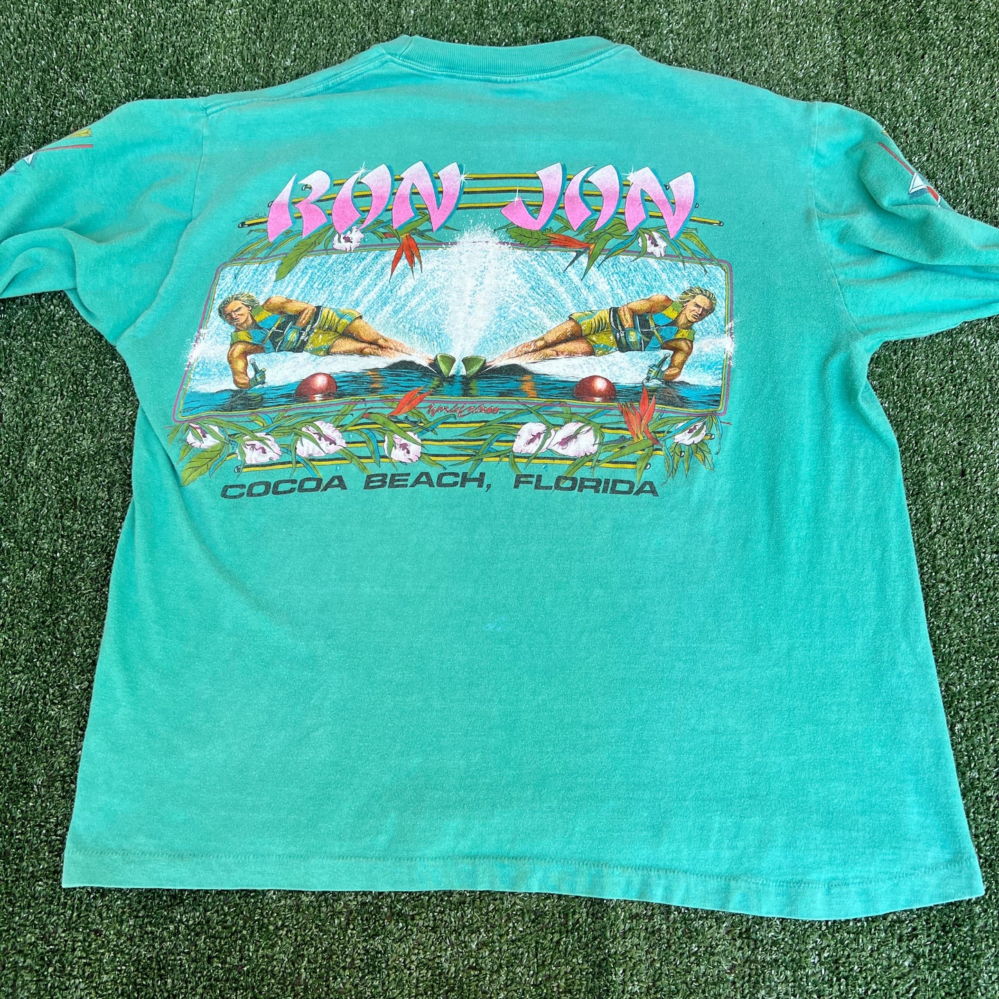 VTG 80s Men's Ron Jon Surf Shop Teal Green Long Sleeve Pocket T-Shirt XL 23x25.5