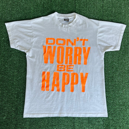 90s Bob Marley Raggae Music "Don't Worry Be Happy" White Orange T-Shirt - XL