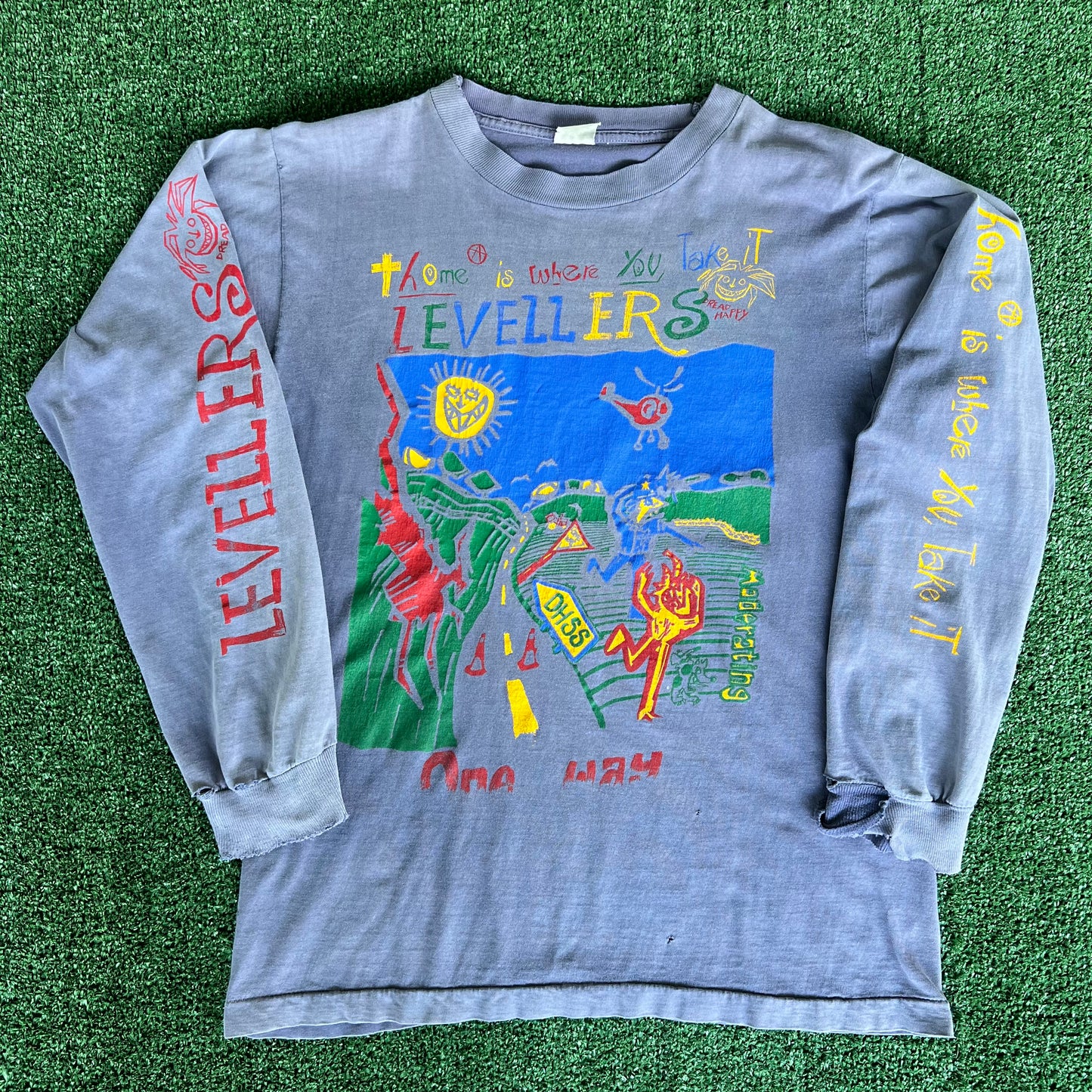 90s Levellers Anarcho-Punk Folk Rock Band Faded Purple Distressed Long Sleeve T-Shirt - Medium