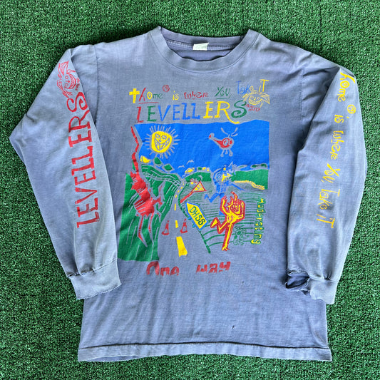 90s Levellers Anarcho-Punk Folk Rock Band Faded Purple Distressed Long Sleeve T-Shirt - Medium