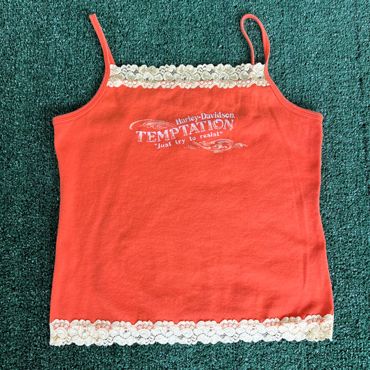 Women's Y2K Harley-Davidson Spaghetti Tank Top Floral Lace Orange Shirt- XS 15.75x16"