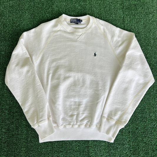 90s Polo Ralph Lauren French Terry White Distressed Sweatshirt - Small