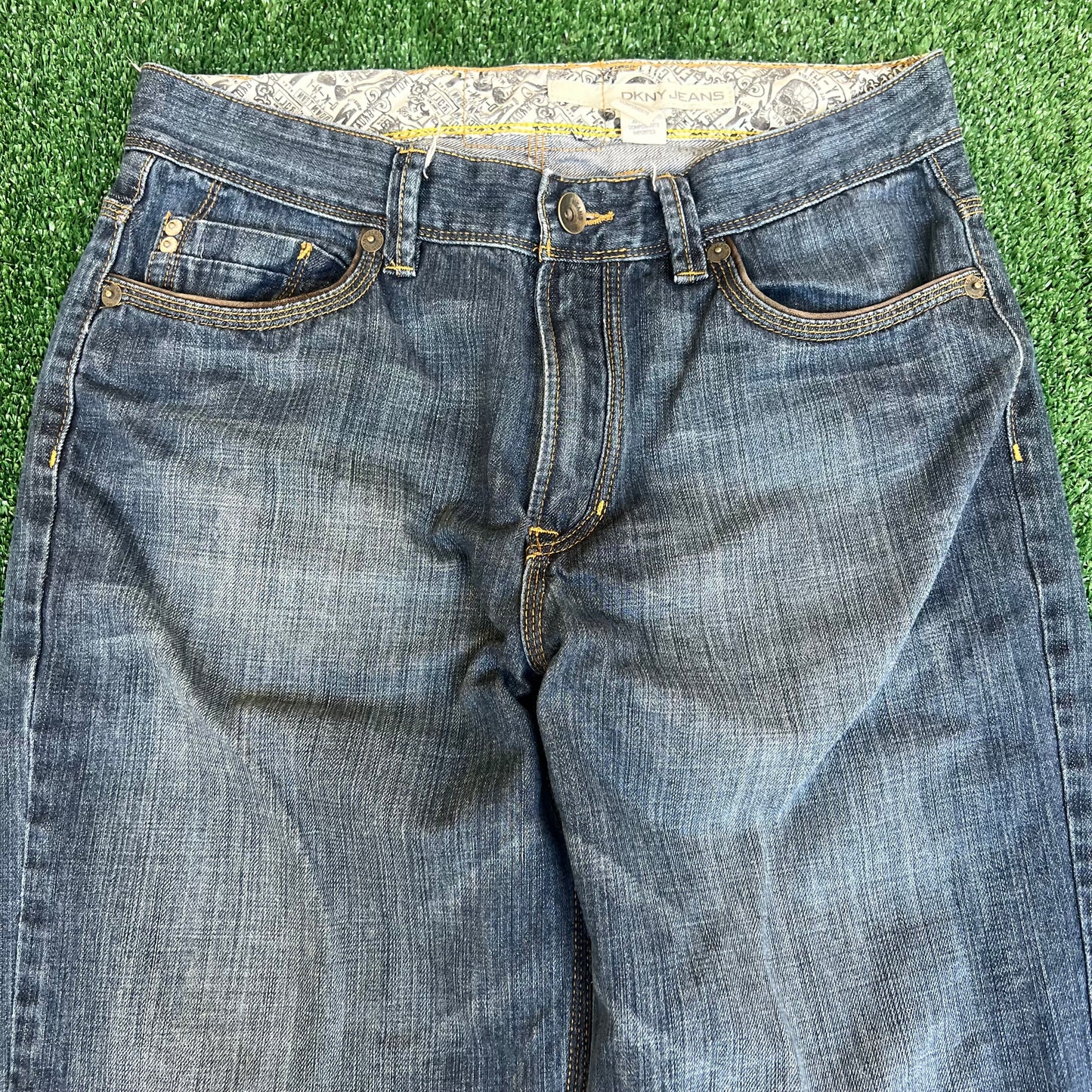 Vintage Y2K Men's DKNY SOHO Relaxed Straight Tribal Embroider Blue Jeans 34x29"