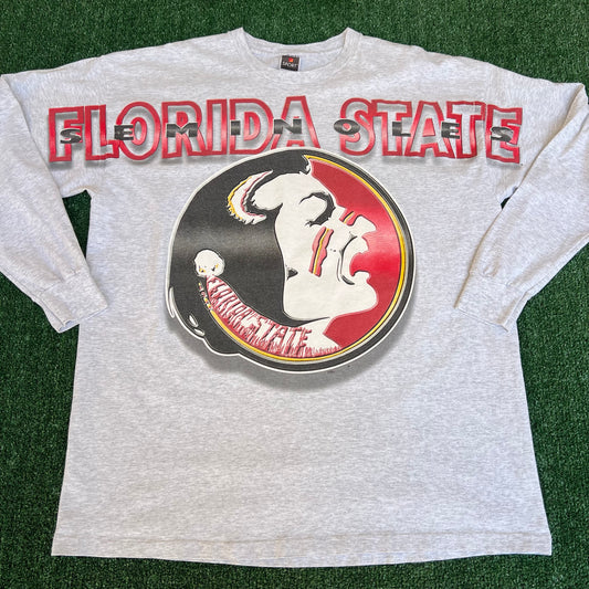 Vintage 90s Men's Florida State Seminoles FSU AOP Spellout Gray LS T-Shirt - XL