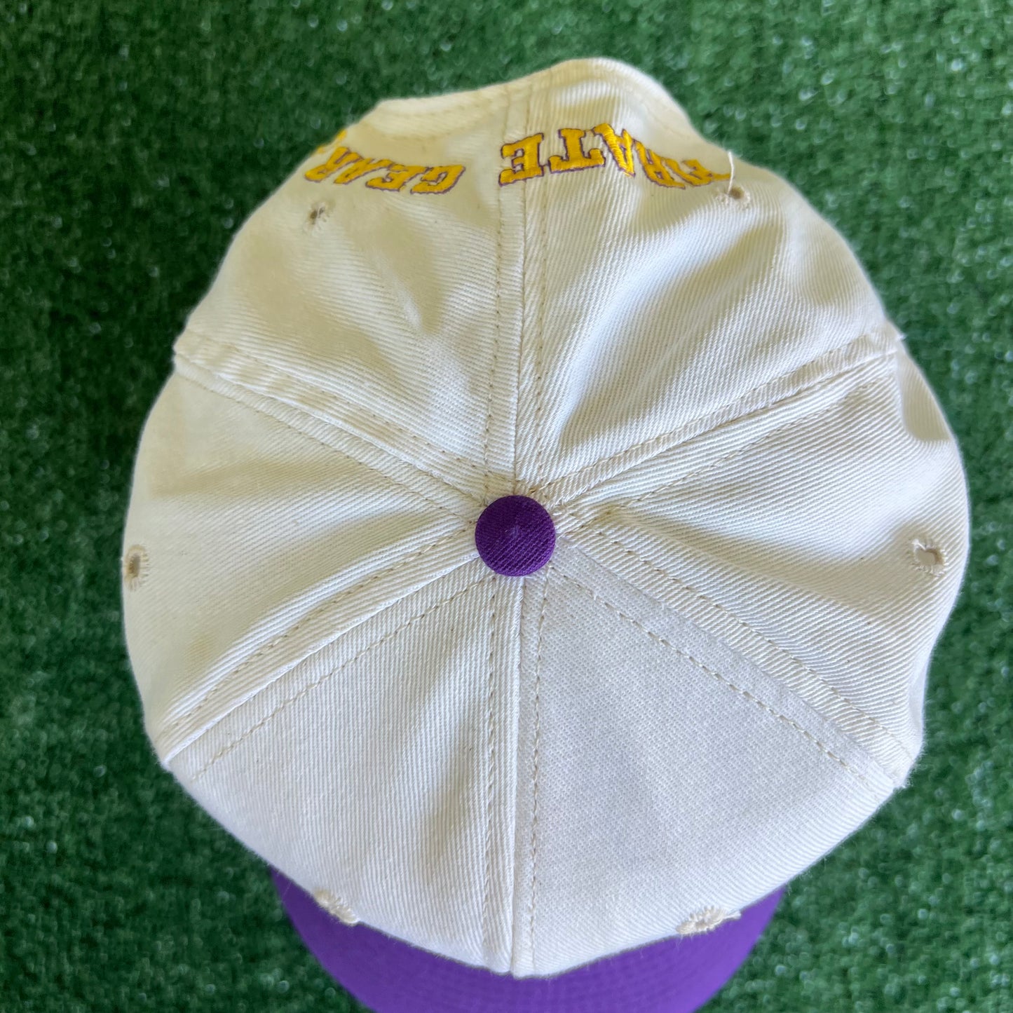 90s East Carolina University Pirates Script White Purple Snapback Hat