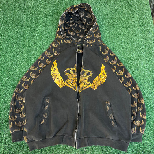 Vintage Y2K Karl Kani Gold Black AOP Zip Up Hoodie Wing Jesse Pinkman - 4XL 28x29"