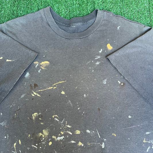 Vintage 90s Men Faded Black Single Stitch Paint Distress T-Shirt - 2XL Boxy 30x29"