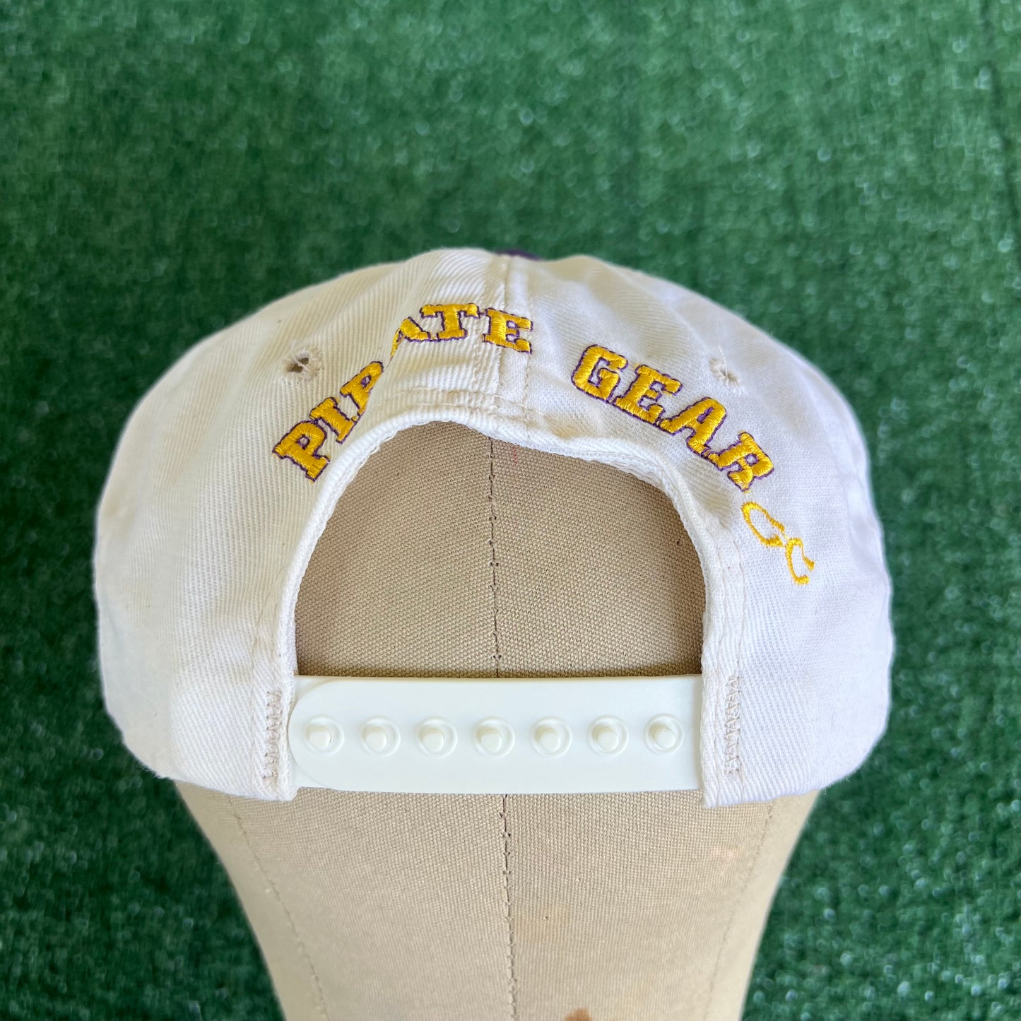 90s East Carolina University Pirates Script White Purple Snapback Hat