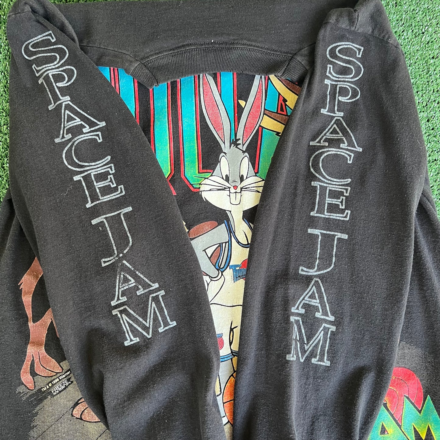 1996 Space Jam Movie Promo Tune Squad Faded Black Long Sleeve T-Shirt - Medium