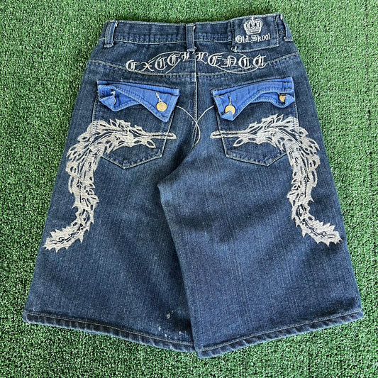 Y2K Distressed Old Skool Embroidered Indigo Blue Jean Shorts - 25x11"