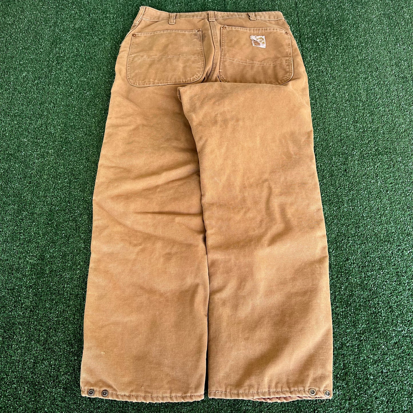 70s Carhartt Brown Canvas Red Lined Quilted Talon Zipper Pants - 32x27.5"