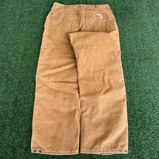 70s Carhartt Brown Canvas Red Lined Quilted Talon Zipper Pants - 32x27.5"