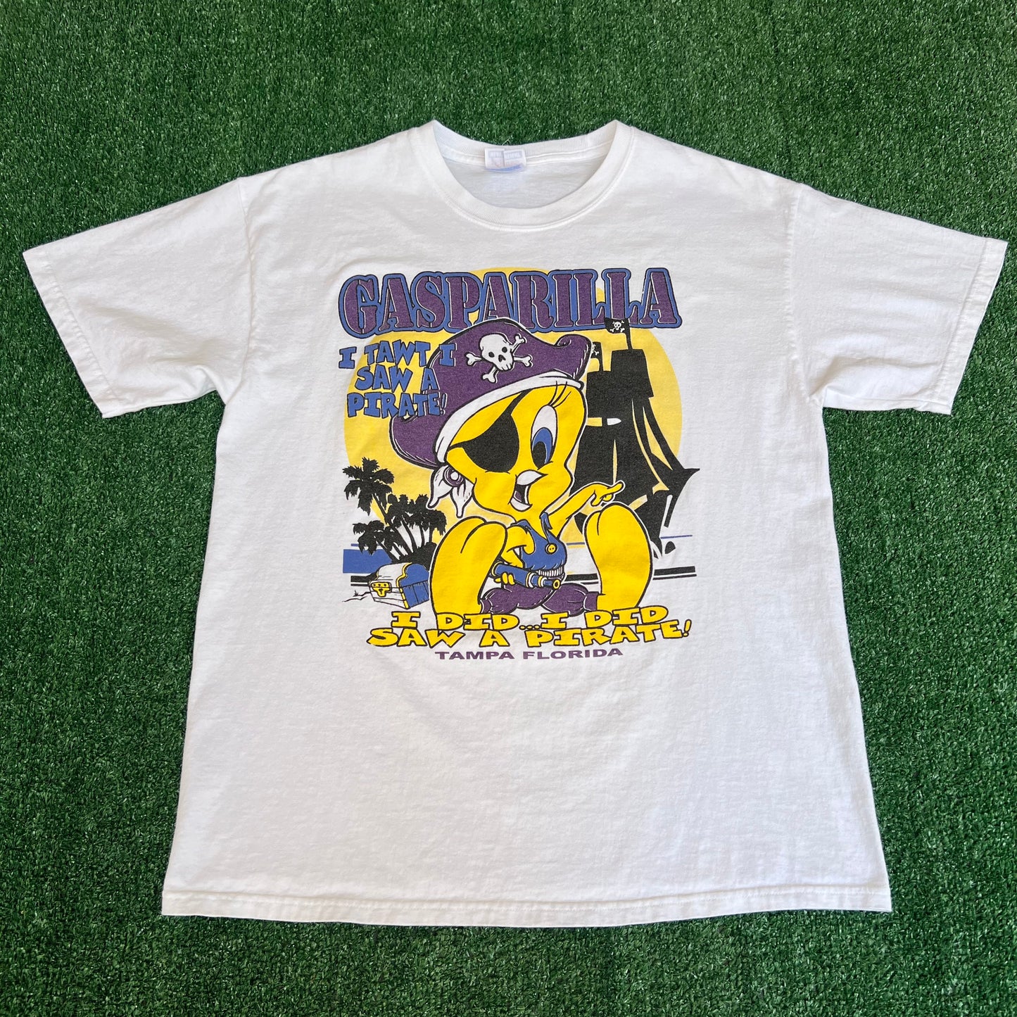 Vintage 90s Y2K Men Gasparilla Tampa Bay Looney Tunes Tweety White T-Shirt - Large