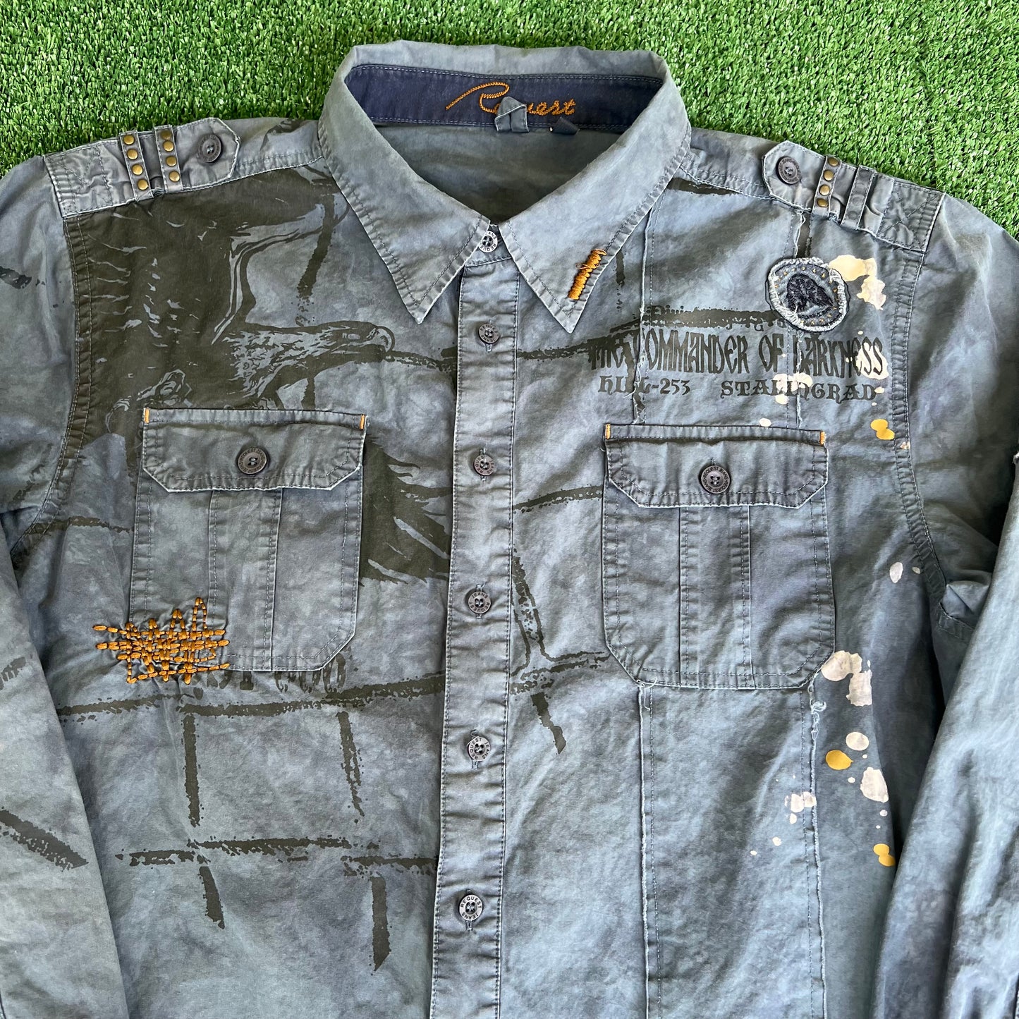 Y2K Request Commander of Darkness Skull AOP Blue Button Up Shirt - Large
