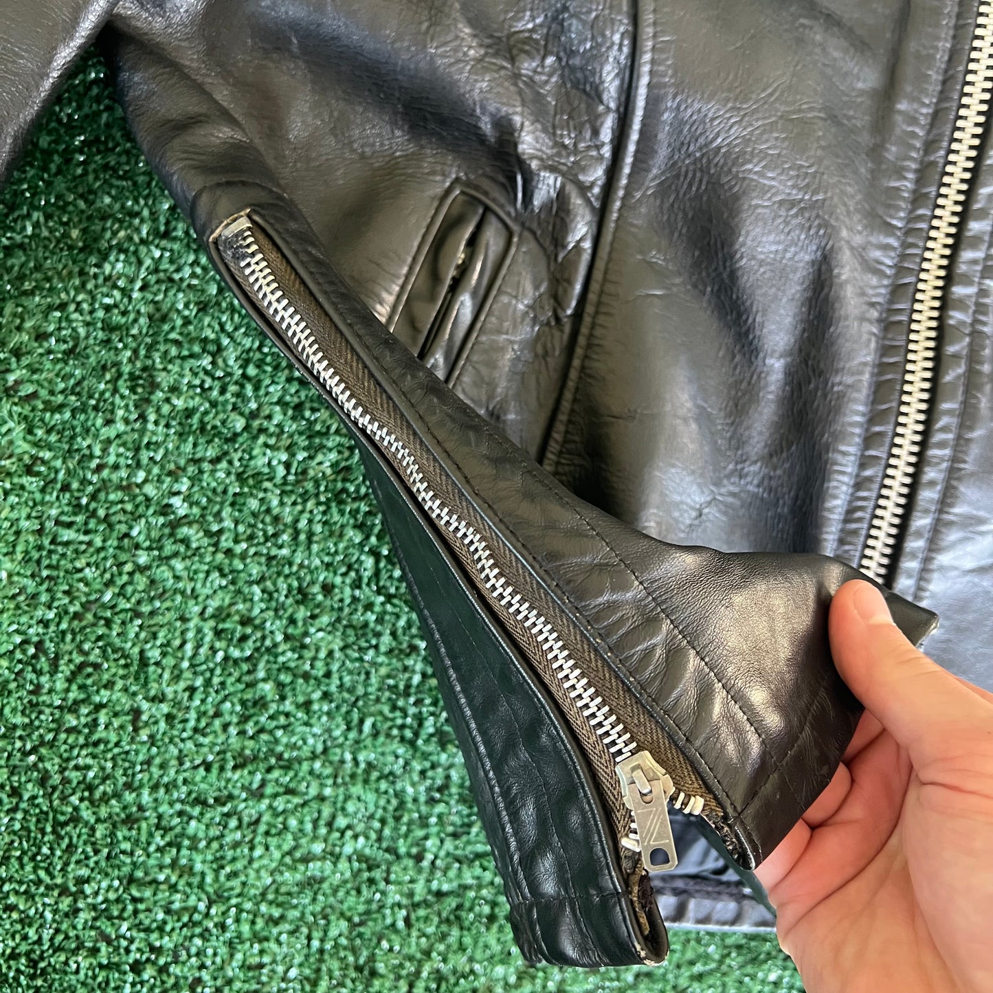 70s Mens 100% Genuine Thick Leather Black Motorcycle Jacket Medium 22x26