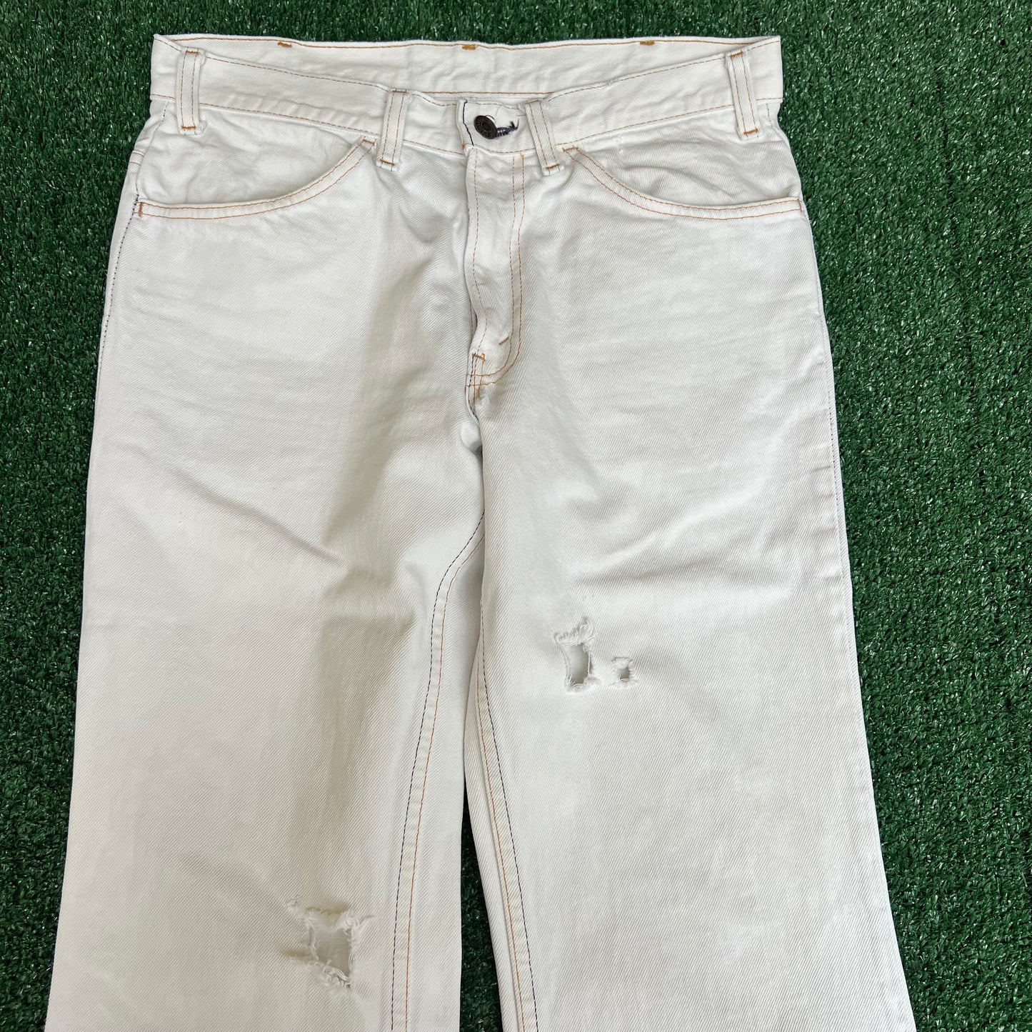 VTG 70s Levi's 684 Big Bell Bottoms Orange Tab Talon Distress White Jeans 32x31"