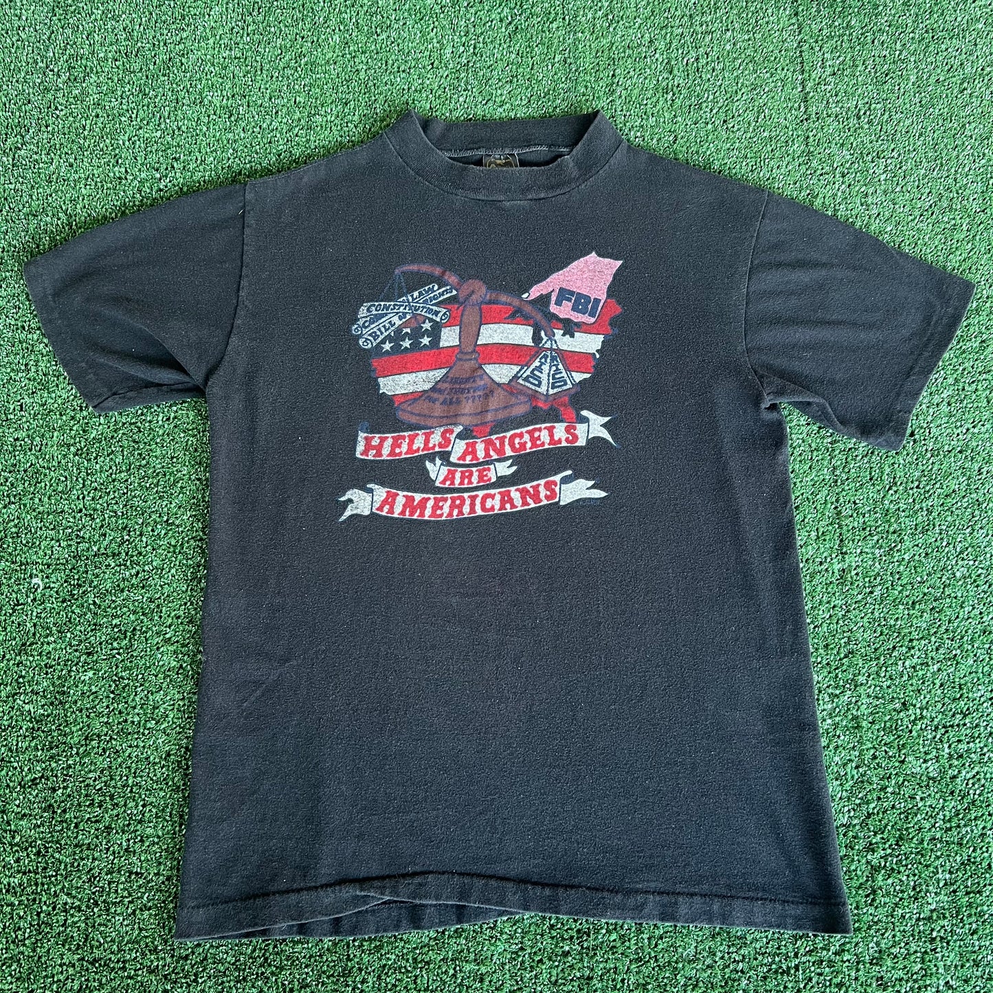 VTG 70s Hells Angels Are Americans Biker FBI RICO Political T-Shirt Small 19x24.75"