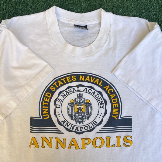 Vintage 80s Men's US Naval Academy Annapolis White Single Stitch T-Shirt - Medium