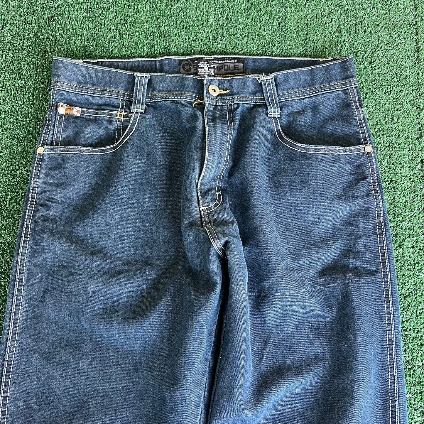 Y2K Southpole Brown Tab Indigo Blue Jeans Baggy Straight 35x30.5" 18" Opens