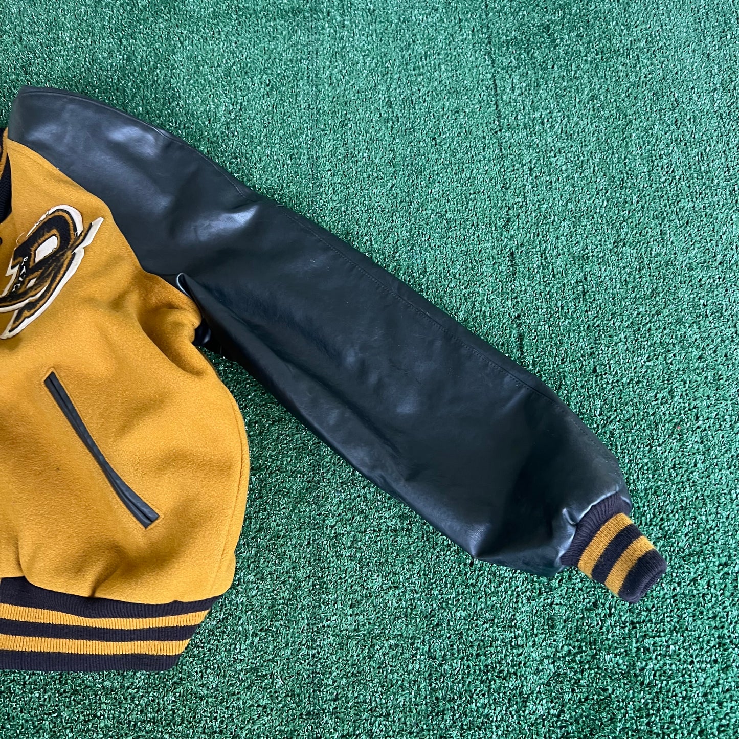 90s Tejas Wool Leather Varsity Jacket Band Patch Mustard Yellow Black - Large
