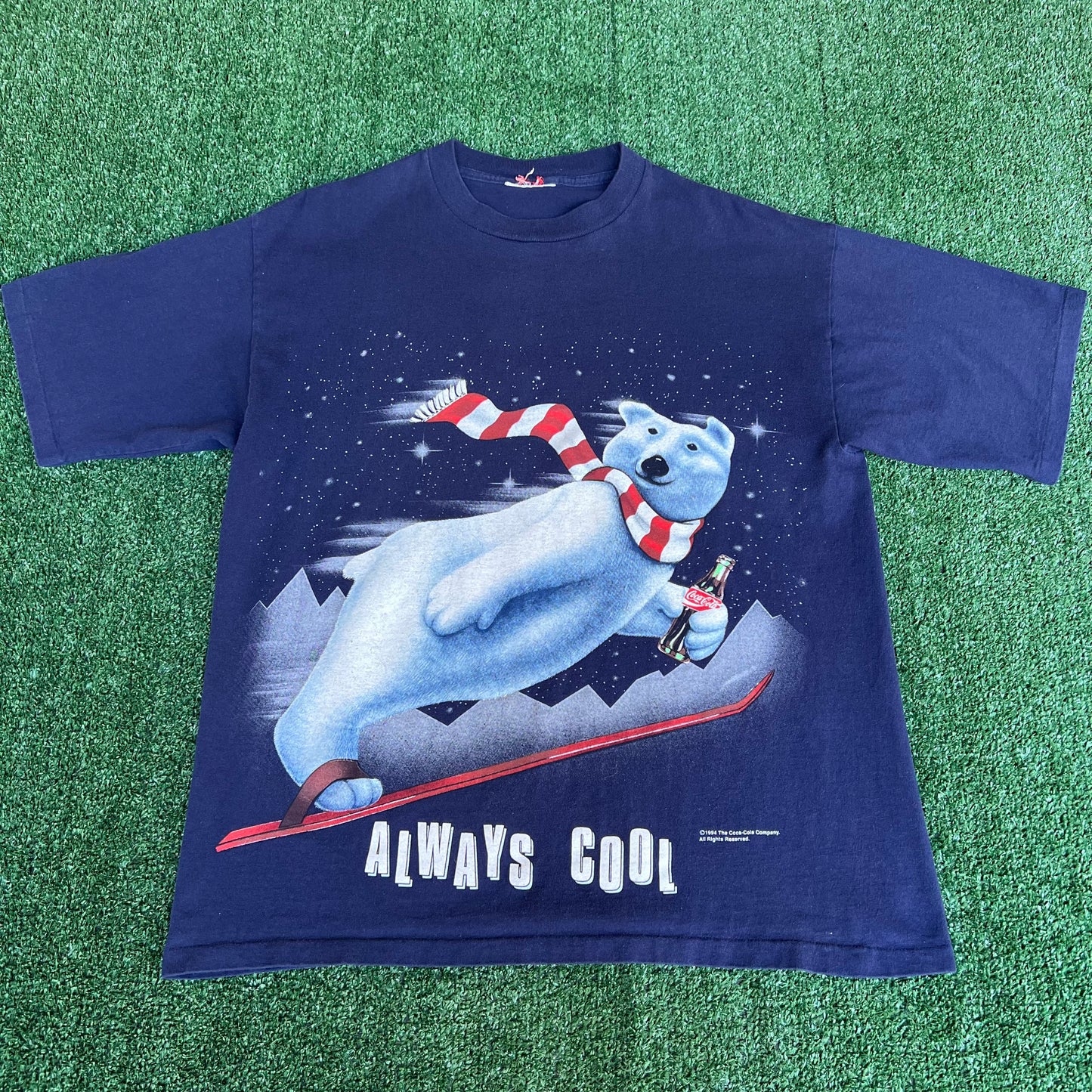 VTG 1994 Men's Coca-Cola "Always Cool" Polar Bear Skiing Navy Blue T-Shirt - Large