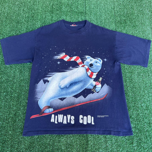 VTG 1994 Men's Coca-Cola "Always Cool" Polar Bear Skiing Navy Blue T-Shirt - Large