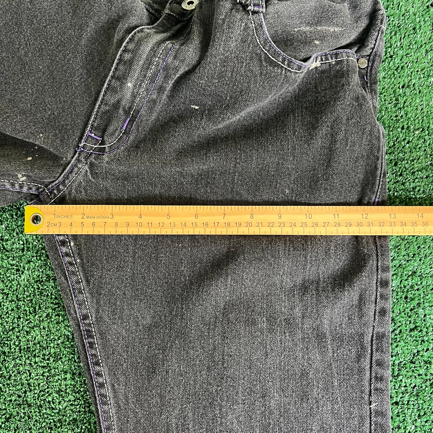 Y2K Baggy Straight Black Purple Embroidered Jeans - 35x31" 18" Openings
