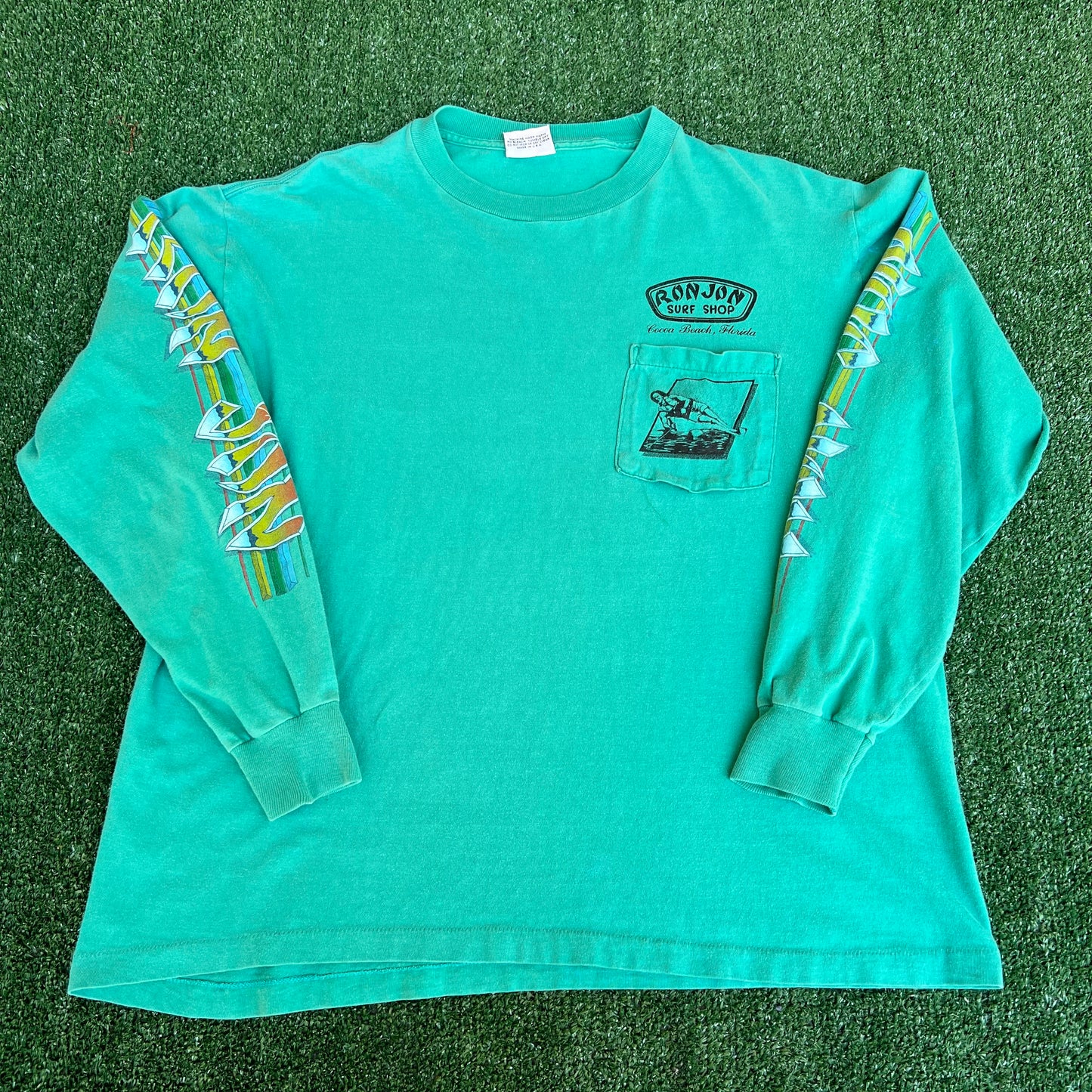 VTG 80s Men's Ron Jon Surf Shop Teal Green Long Sleeve Pocket T-Shirt XL 23x25.5
