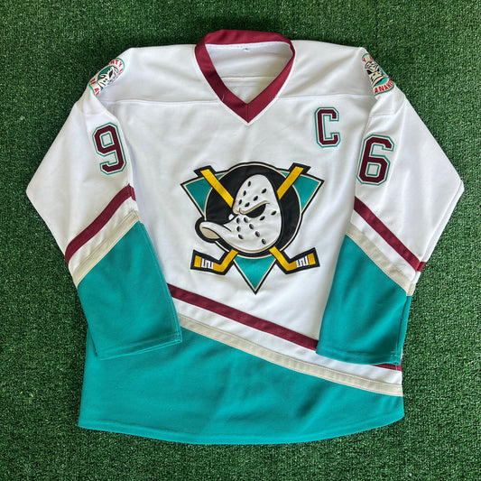 90s Mighty Ducks Movie Promo Charlie Conway Flight Strap White Hockey Jersey - XL