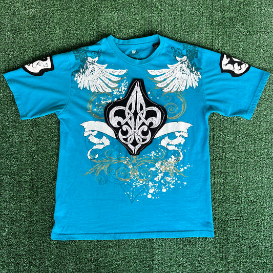 Y2K Attitude Gold Tribal Wings Teal Blue T-Shirt - Medium
