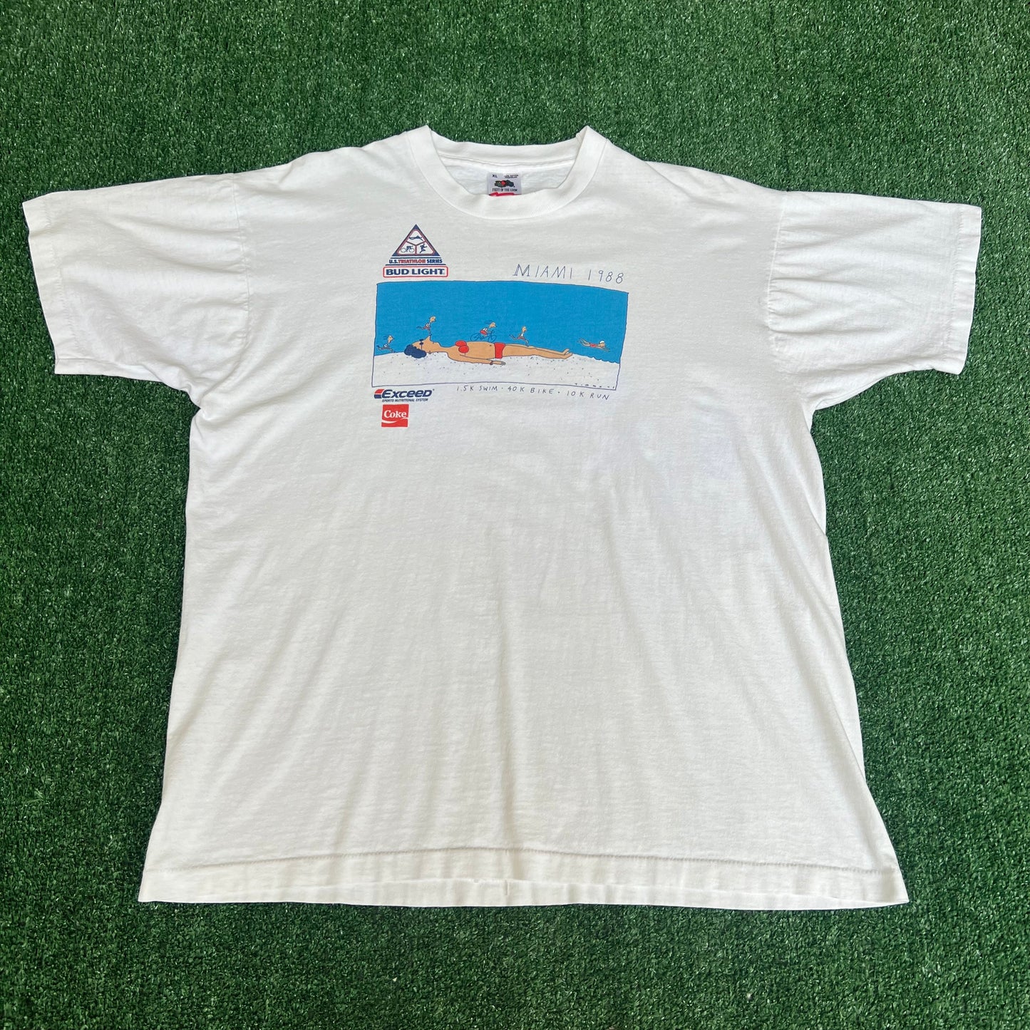 Vintage 1988 Men's Miami Bud Light Coke Triatholon Cartoon White T-Shirt - XL USA