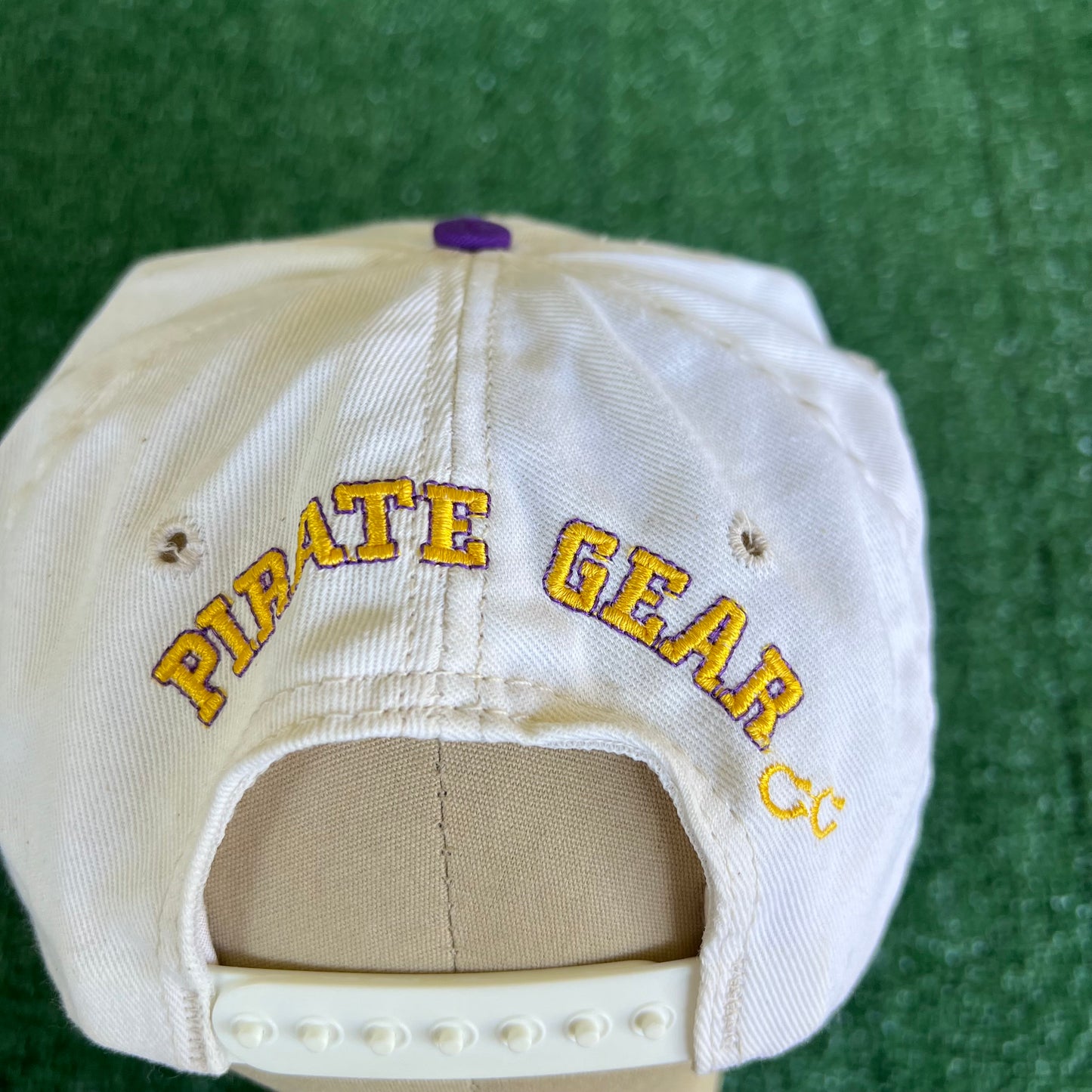 90s East Carolina University Pirates Script White Purple Snapback Hat