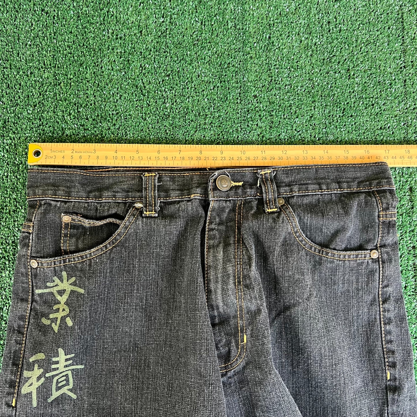 Y2K Brooklyn Express Rising Sun Baggy Black Jean Shorts - 34x14.5"