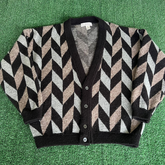 90s Florenzi Geometric Neutral Tone Baggy Cardigan Kurt Cobain Grunge - XL